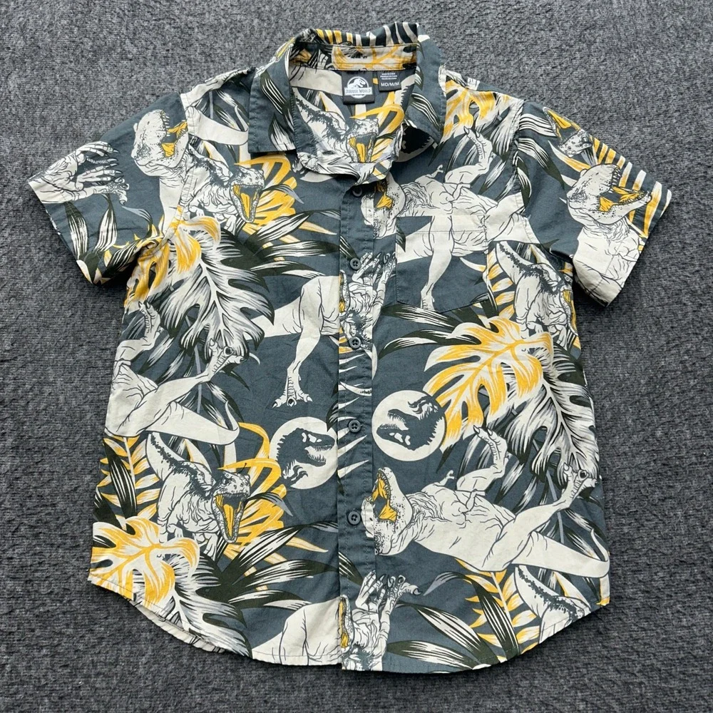 Jurassic World Shirt Boys M Hawaiian T-Rex Cotton Button Tropical